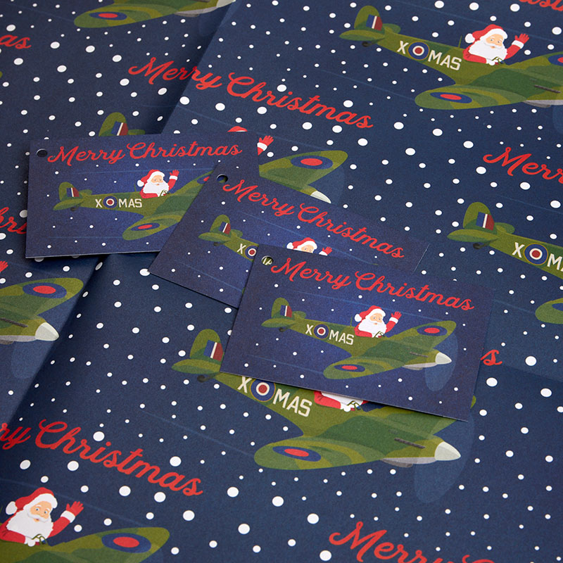 imperial war museums santa in a spitfire christmas wrapping paper and tags detail merry christmas
